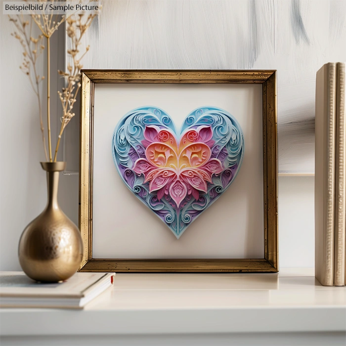 Framed heart-shaped paper quilling art with intricate blue and pink patterns, set on a shelf next to decorative items.