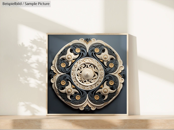 Ornate circular carved design in beige tones with intricate patterns displayed on a square dark gray background.