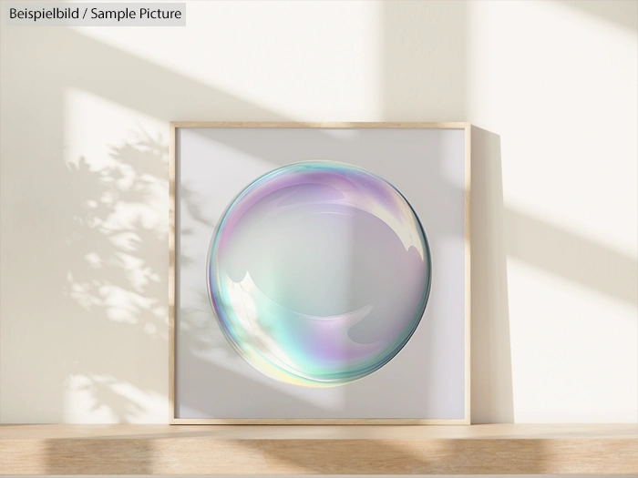 Framed artwork of a translucent, iridescent bubble on a white wall, with sunlight casting soft shadows.