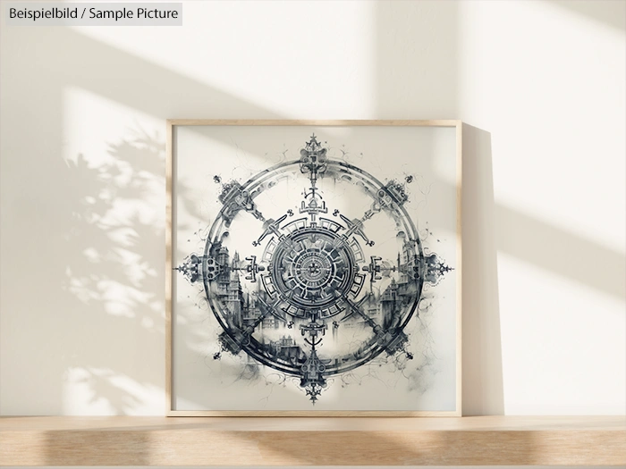 Framed geometric mandala artwork with intricate patterns, displayed against a neutral wall with light shadows.