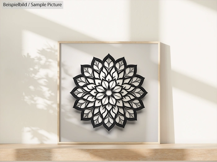 3D black and white geometric flower design framed in a wooden box on a wooden surface with light shadows.