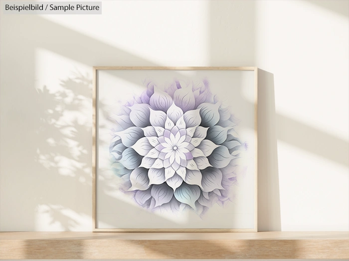 Framed floral mandala artwork with shaded petals in soft colors on a wooden ledge, sunlight casting shadows on the wall.