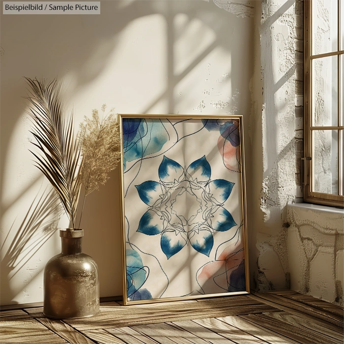 Framed blue and white abstract floral artwork on beige wall beside sunlit window and dried plant arrangement.