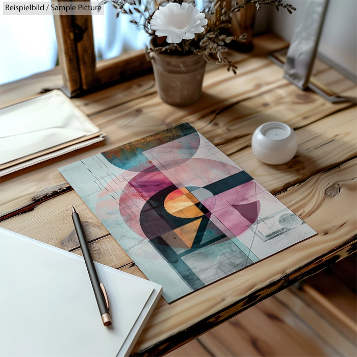 Desk with abstract art on paper, pencil, white flower, candle, and wooden mirror frame in the background.