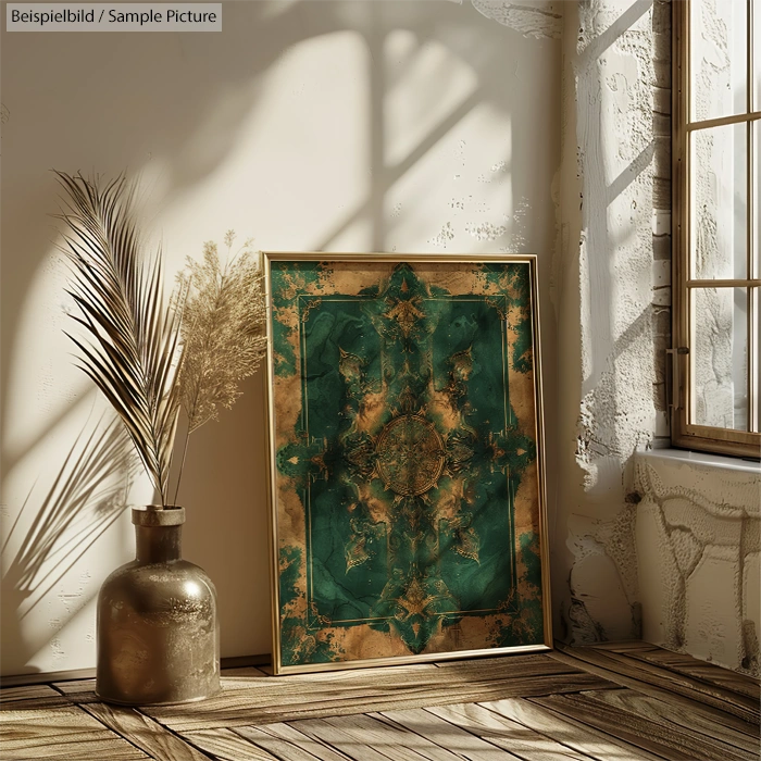 Ornate art print with green and gold design leaning against a textured wall, next to vase with pampas grass.