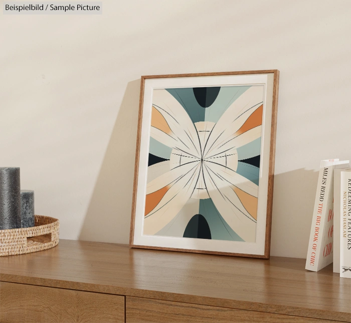 Framed abstract art with geometric shapes in pastel colors on a wooden dresser.