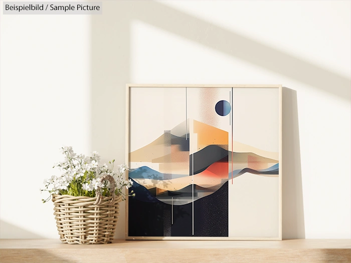 Abstract mountain art on framed canvas with a sun, next to a basket of white flowers on a wooden surface.