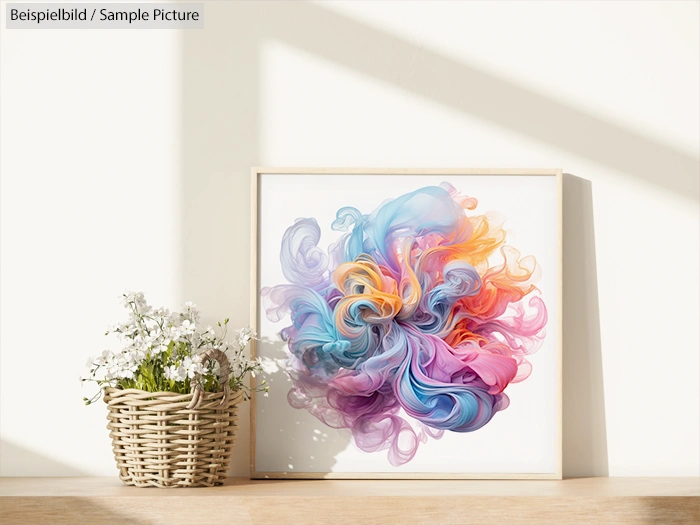 Colorful abstract art print on shelf beside wicker basket with white flowers, under sunlight.