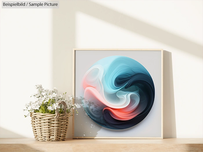 Abstract art with colorful swirls in a frame, beside a basket of white flowers on a sunlit wall.