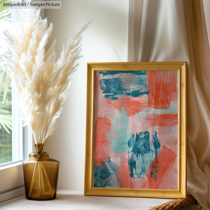 Abstract painting with blue and coral brushstrokes, framed in gold, on a windowsill beside a vase with feathery pampas grass.