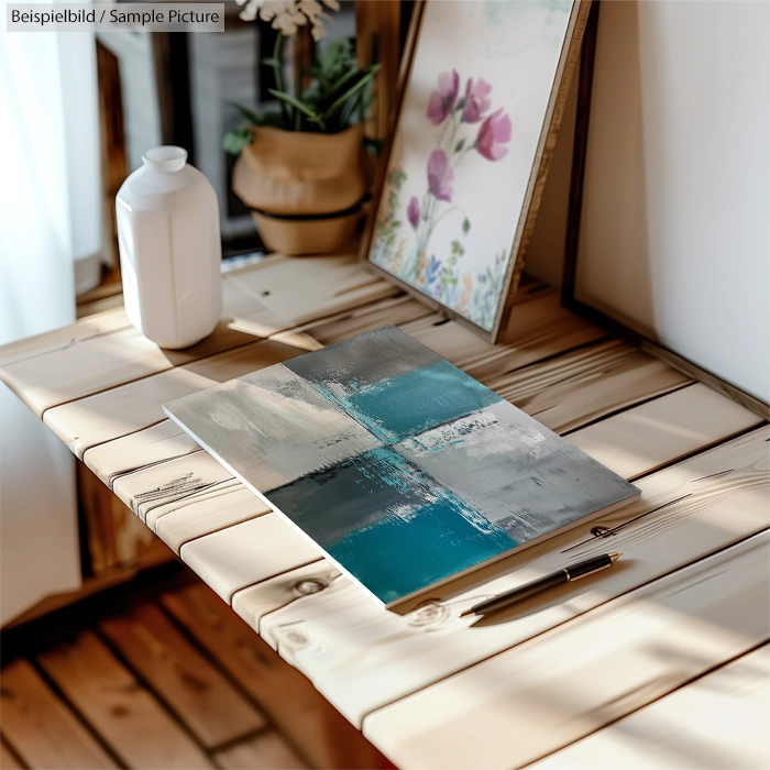 Abstract blue and gray painting on wooden table with vase and floral artwork in background.