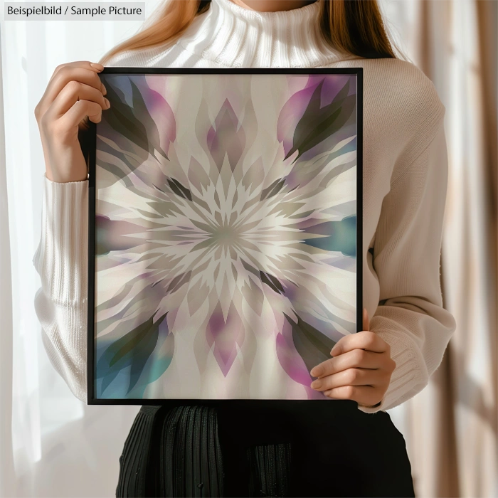 Person holding framed symmetrical abstract art with soft purple, blue, and beige hues.