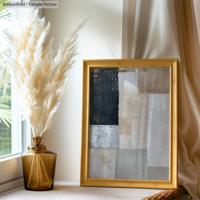 Framed abstract painting on windowsill with a vase of pampas grass beside it, set against soft, flowing curtains.