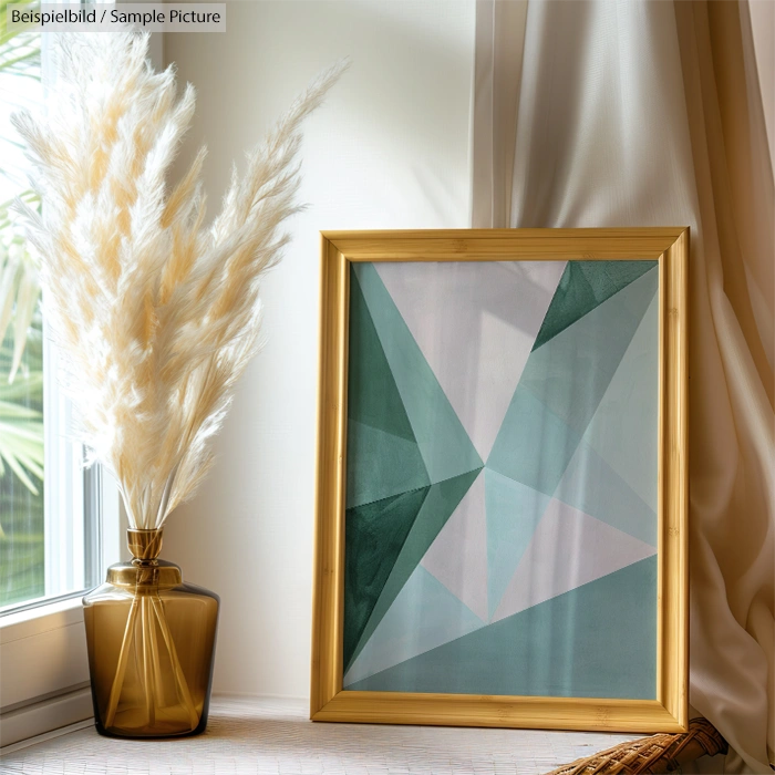 Geometric abstract painting in shades of green in a gold frame, next to a vase with decorative pampas grass.