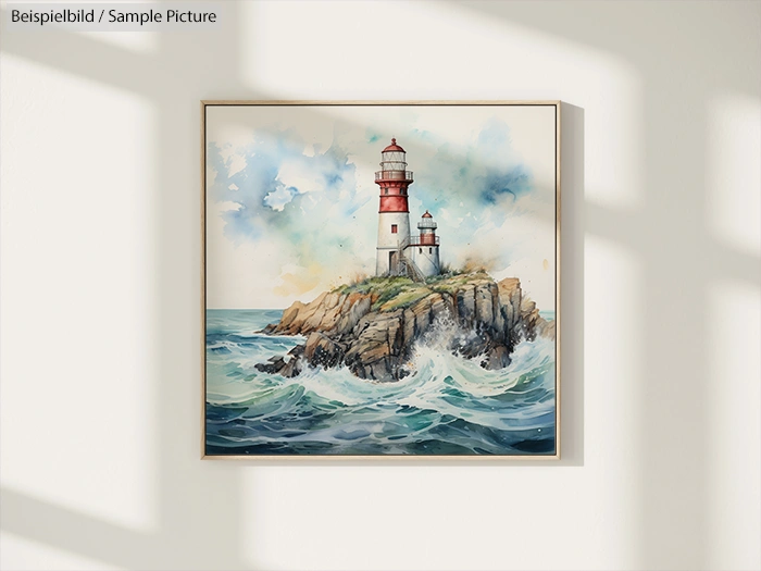 Framed painting of a lighthouse on a rocky island, surrounded by waves and a cloudy sky, hanging on a sunlit wall.