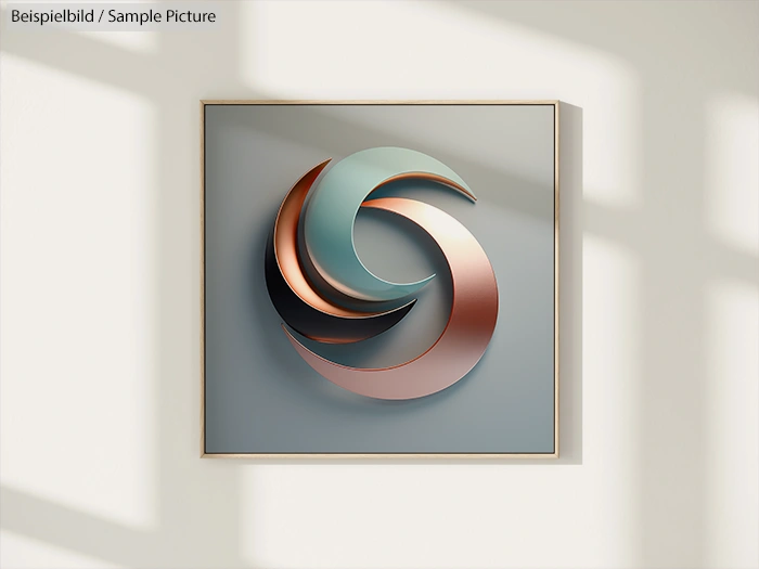 Abstract art with overlapping metallic spirals on a light grey background, framed and displayed on a wall.