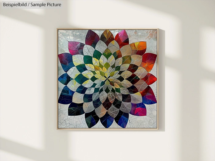 Colorful abstract mosaic flower artwork displayed on a white wall.