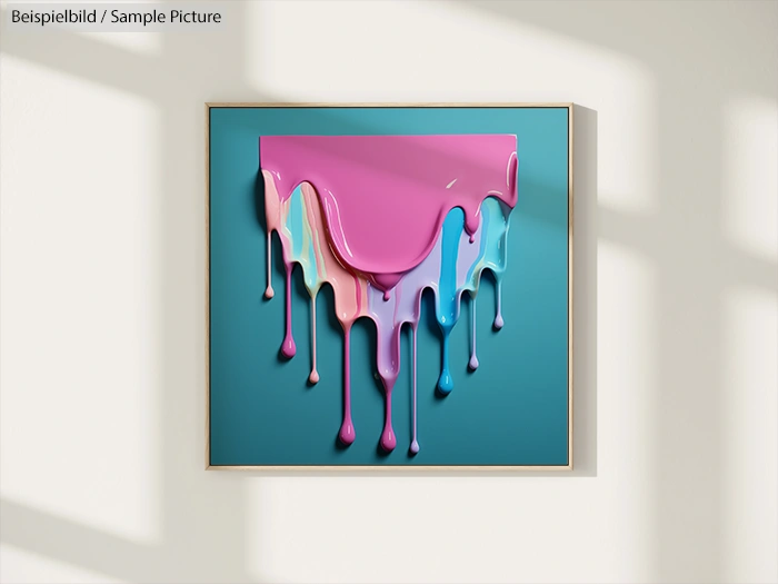 Colorful 3D artwork with pink, blue, and purple paint dripping on a turquoise background, framed in light wood.