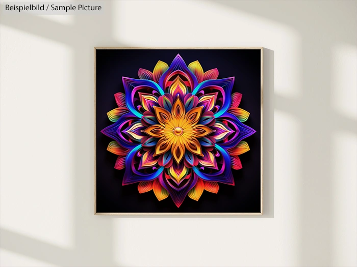 Framed vibrant mandala with intricate geometric patterns in bright colors on a dark background, hanging on a white wall.