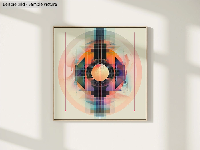 Abstract geometric artwork with vibrant colors and a central circular design, framed and displayed on a wall.