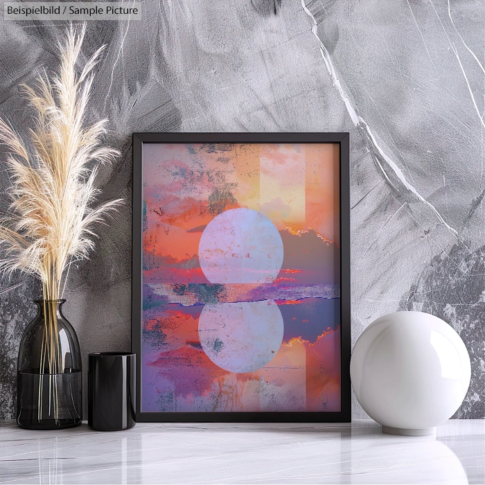 Framed abstract art with pastel sunset, circular design, on a gray marble wall background, near decor items.