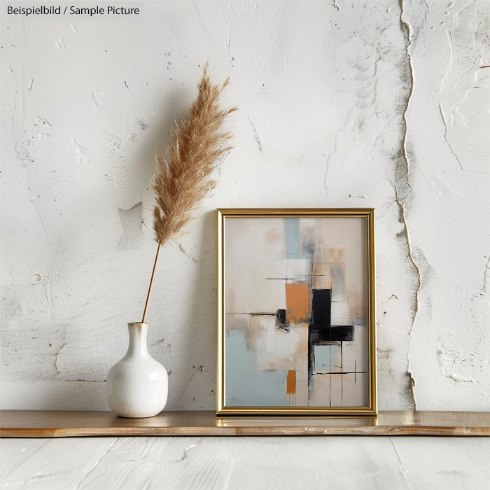 Modern abstract painting in gold frame on wooden shelf with vase holding dried grass, against textured white wall.