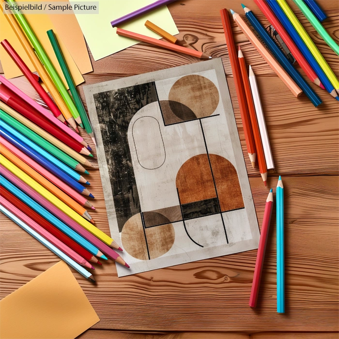 Geometric abstract art on paper surrounded by colored pencils on a wooden table.