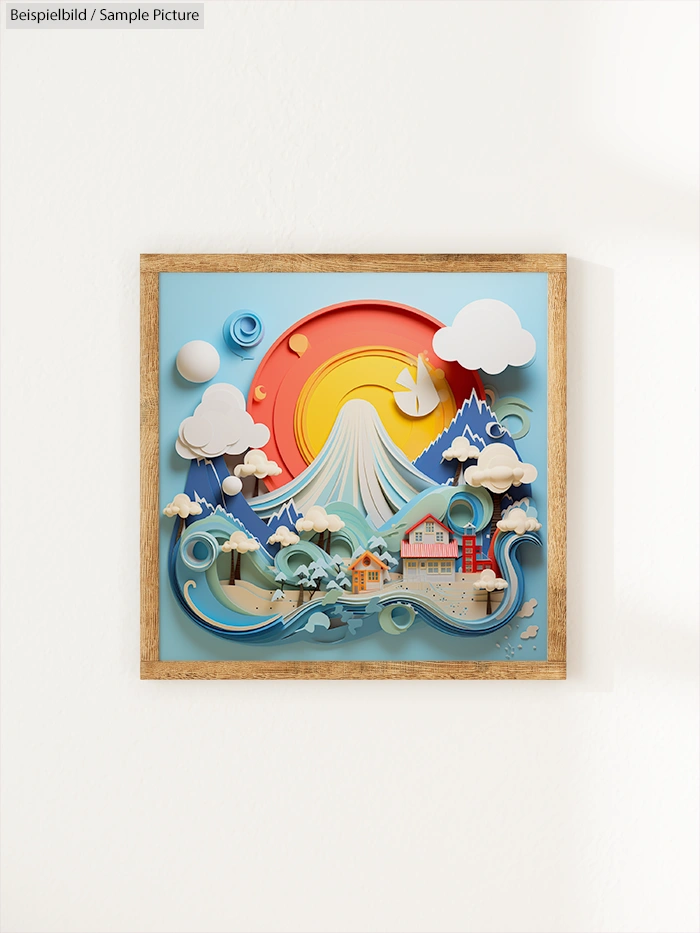 Colorful layered artwork depicting a mountain, sun, waves, and houses, framed within a wooden border.