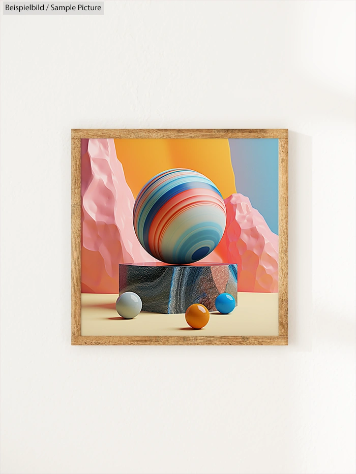 Abstract art with colorful spheres and pink, blue background in a wooden frame on a white wall.