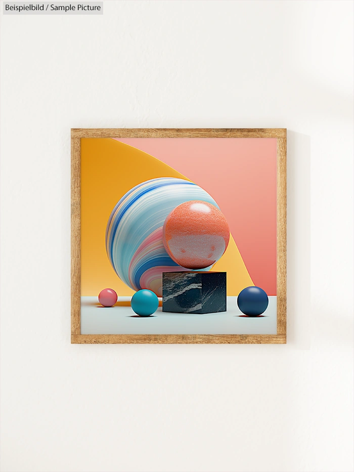 Abstract art of colorful spheres and geometric shapes on a pastel background, framed in wood.