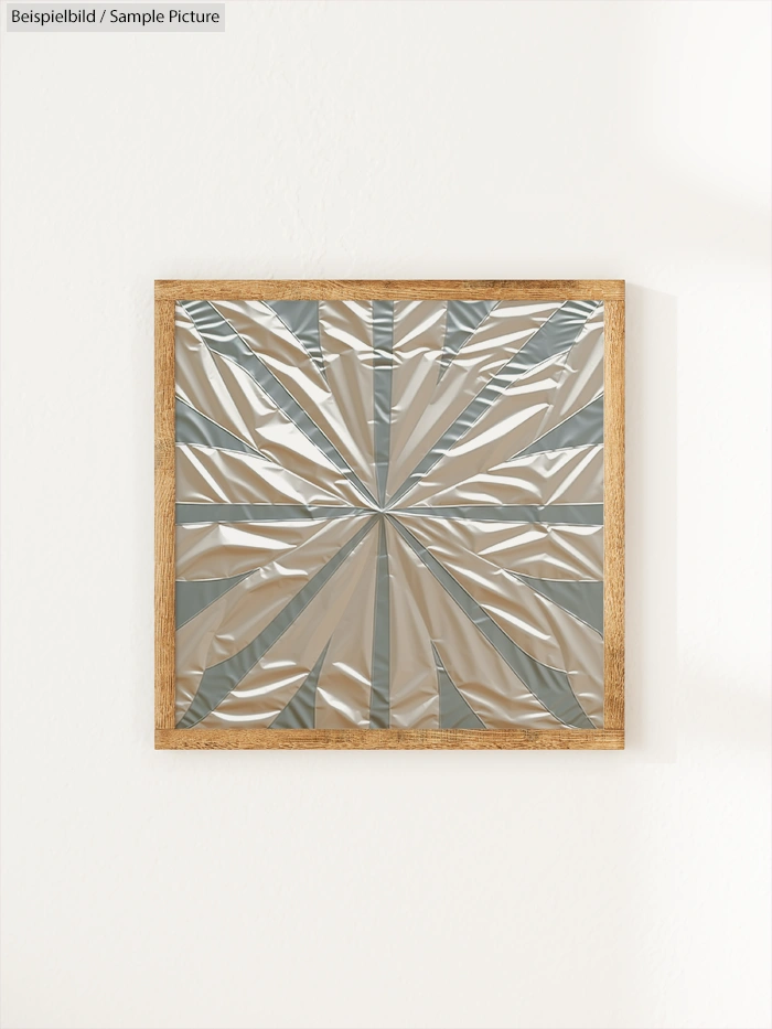 Artwork with crumpled metallic surface framed in wood, creating a starburst pattern on a white wall.