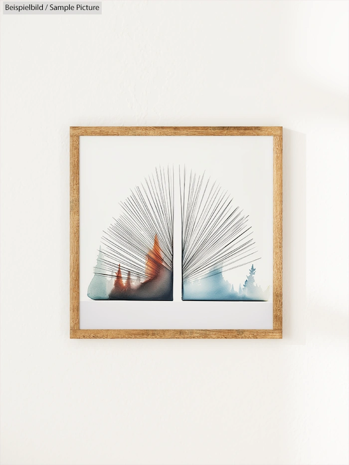 Framed abstract art depicting a book with pages forming a tree silhouette in soft orange and blue hues.