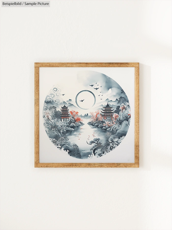 Framed wall art depicting a serene Asian landscape with pagodas, trees, and birds in a circular design.