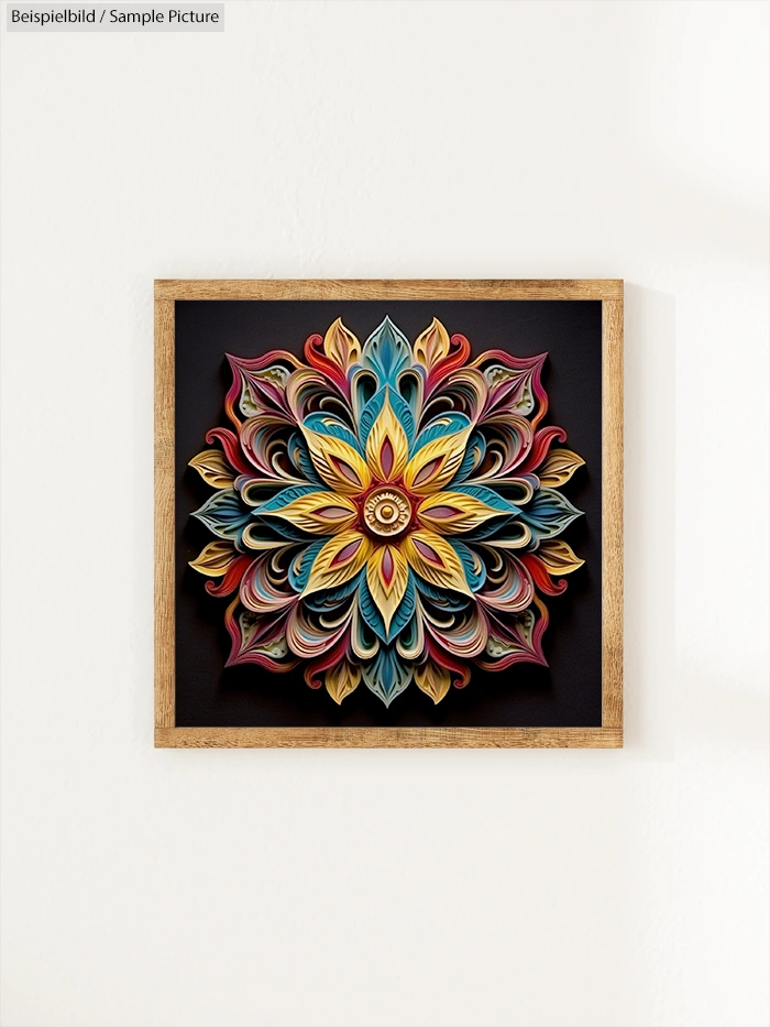 Framed 3D mandala art with intricate layered patterns in vibrant colors on a black background.