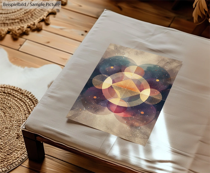 Abstract geometric artwork on a wooden table with a woven rug nearby, featuring circles and glowing shapes in dark hues.