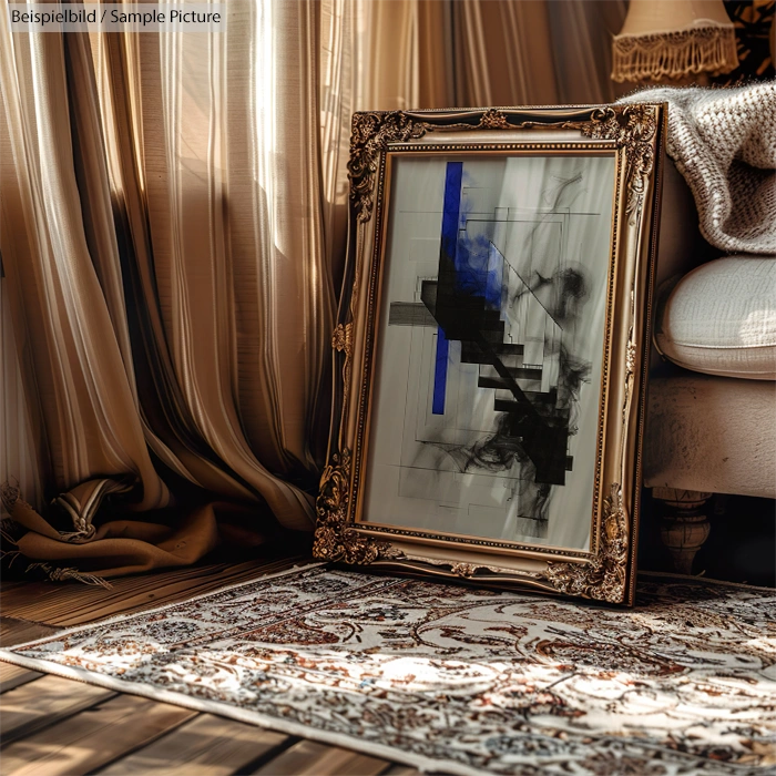 Framed abstract artwork with black and blue geometric shapes next to a patterned rug and beige curtains in a cozy room.