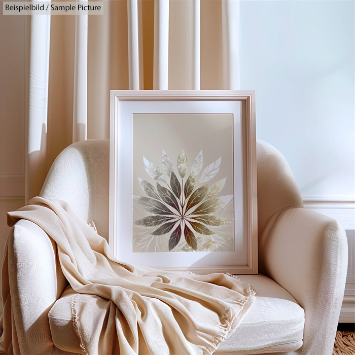 Framed floral artwork on a white armchair draped with a beige blanket in a bright, elegant room.