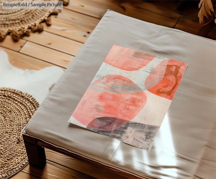 Abstract pink and beige artwork on a table, surrounded by woven mats on a wooden floor.