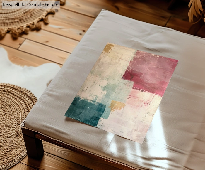 Abstract painting with pink, teal, and beige blocks on a white table, wooden floor, and woven rug in the background.