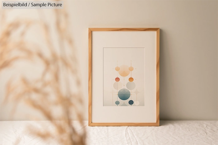 Framed abstract art with geometric circles in neutral tones on a wall, with dried plant in foreground.