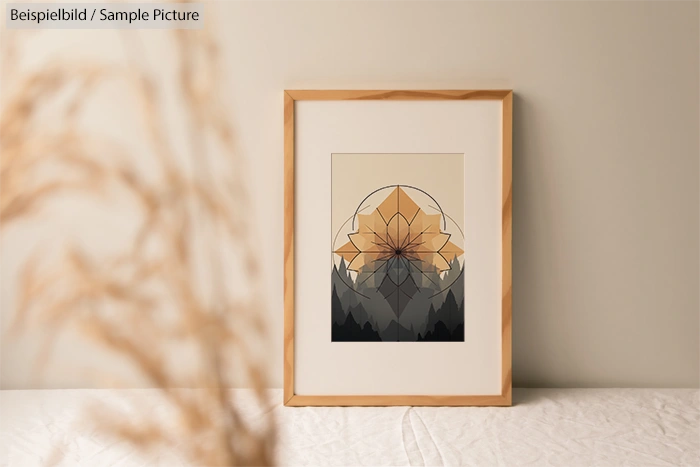 Framed geometric artwork with earthy tones on wall, next to dried plant.