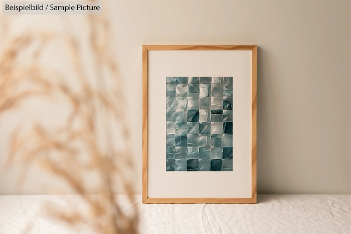 Framed abstract artwork with blue and gray mosaic design on a beige wall, next to dried plants.