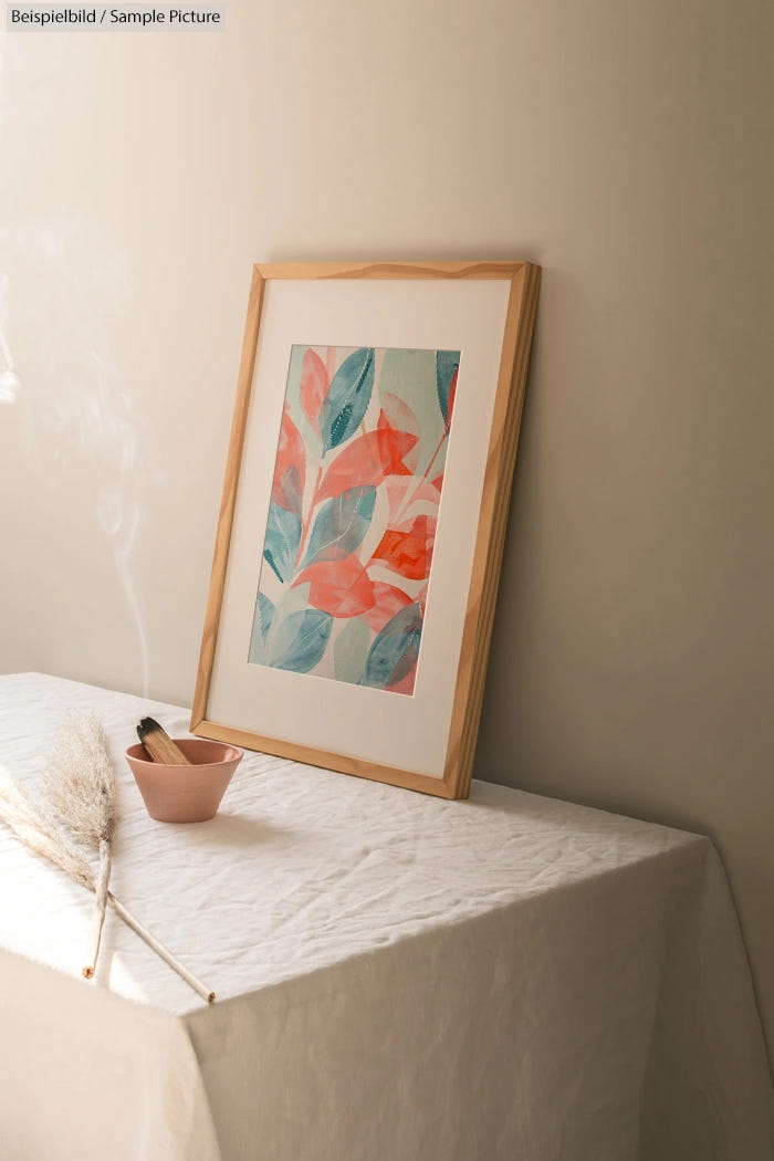 Framed floral art print with pastel colors on a table, next to incense and dried plants, against a beige wall.