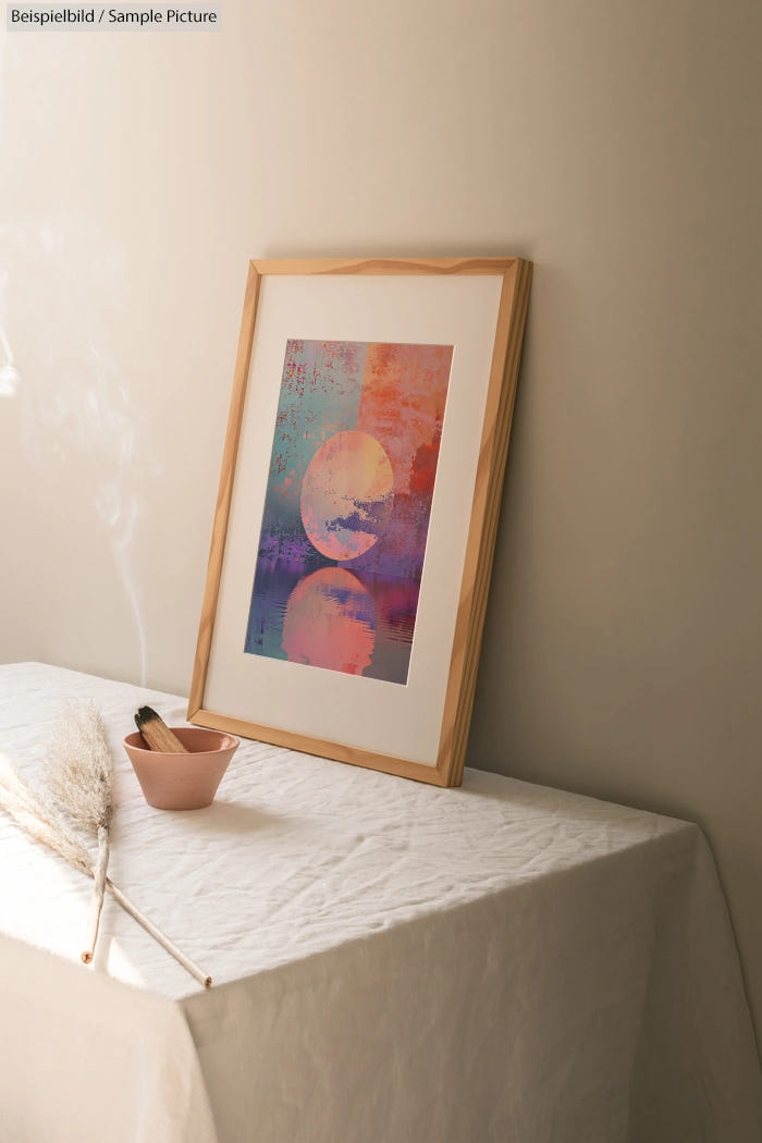 Framed abstract artwork with pastel colors on a table with white cloth and decorative dried plants and incense.