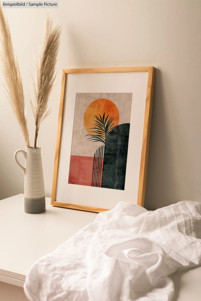 Framed abstract art print with sun and plant, placed on a white table near a vase with pampas grass.