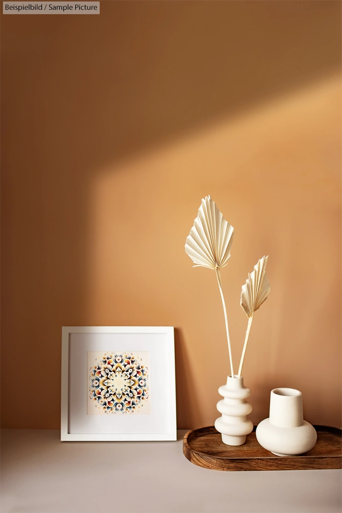 Minimalist decor with white ceramic vases, dried leaves, a wooden tray, and a framed geometric artwork on a tan background.