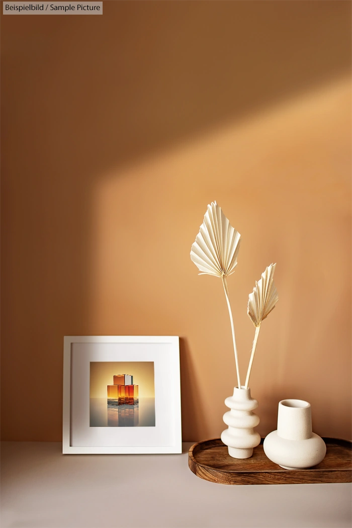 Minimalist decor with a framed sunset photo, dried palm leaves in a vase, and ceramic pots on a wooden tray.