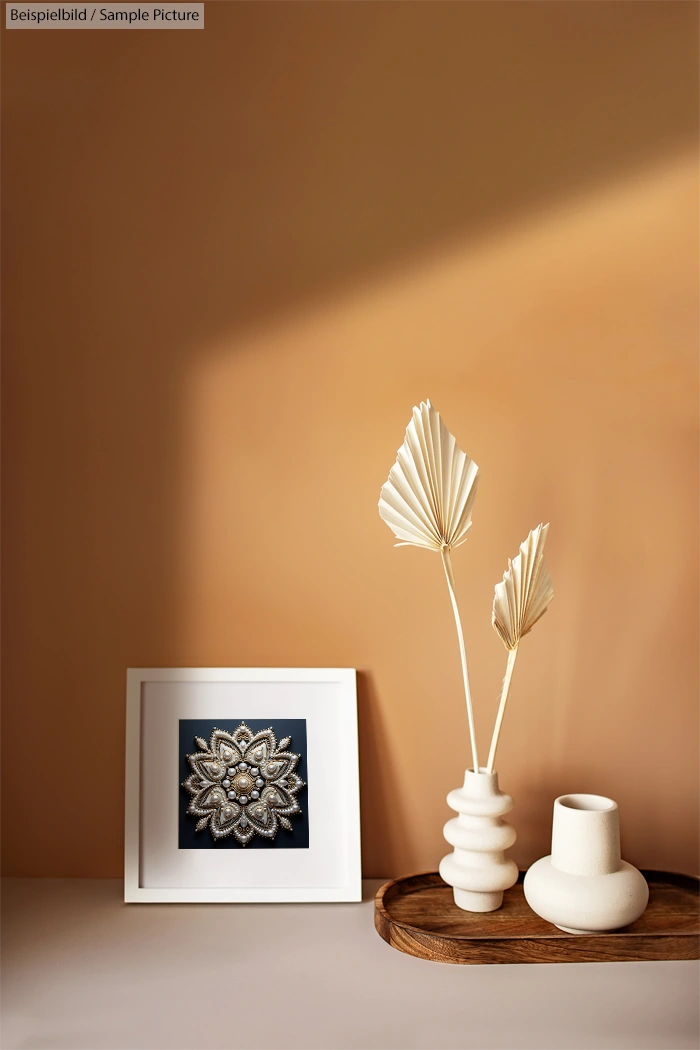 Framed abstract artwork with decorative vases on a wooden tray against a warm, gradient tan background.