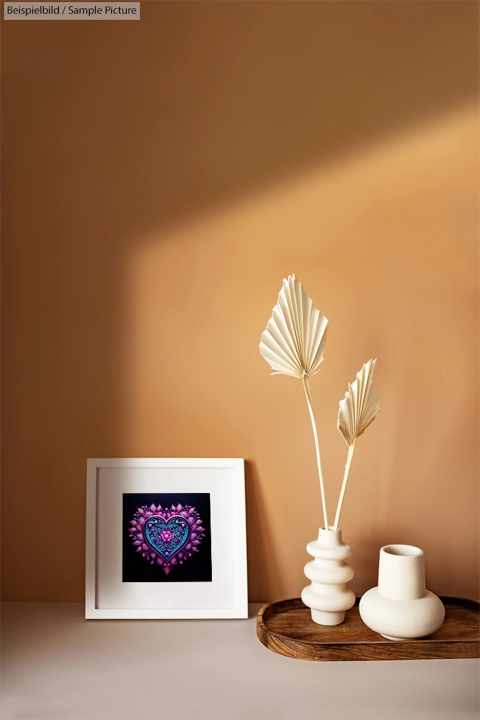 Decorative heart artwork in frame with ceramic vases on wooden tray against beige wall.