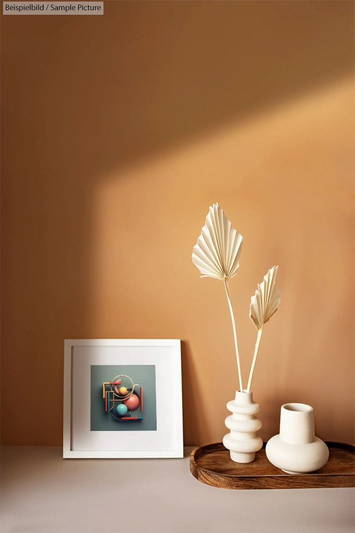 Minimalist decor with geometric artwork, vases, and dried leaves on a wooden tray against a warm, earthy wall.